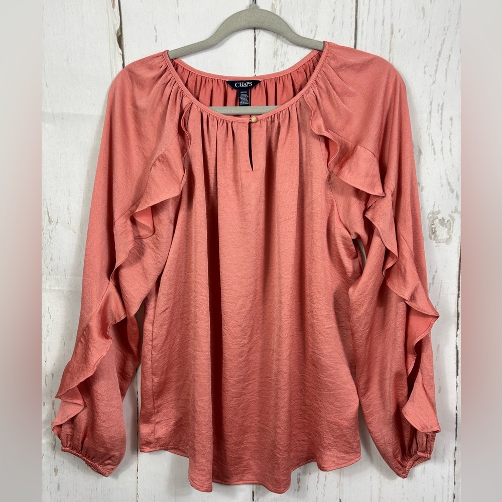 Chaps Women's Ruffle Hammered Satin Peasant Top Blouse Garden Ave Orange